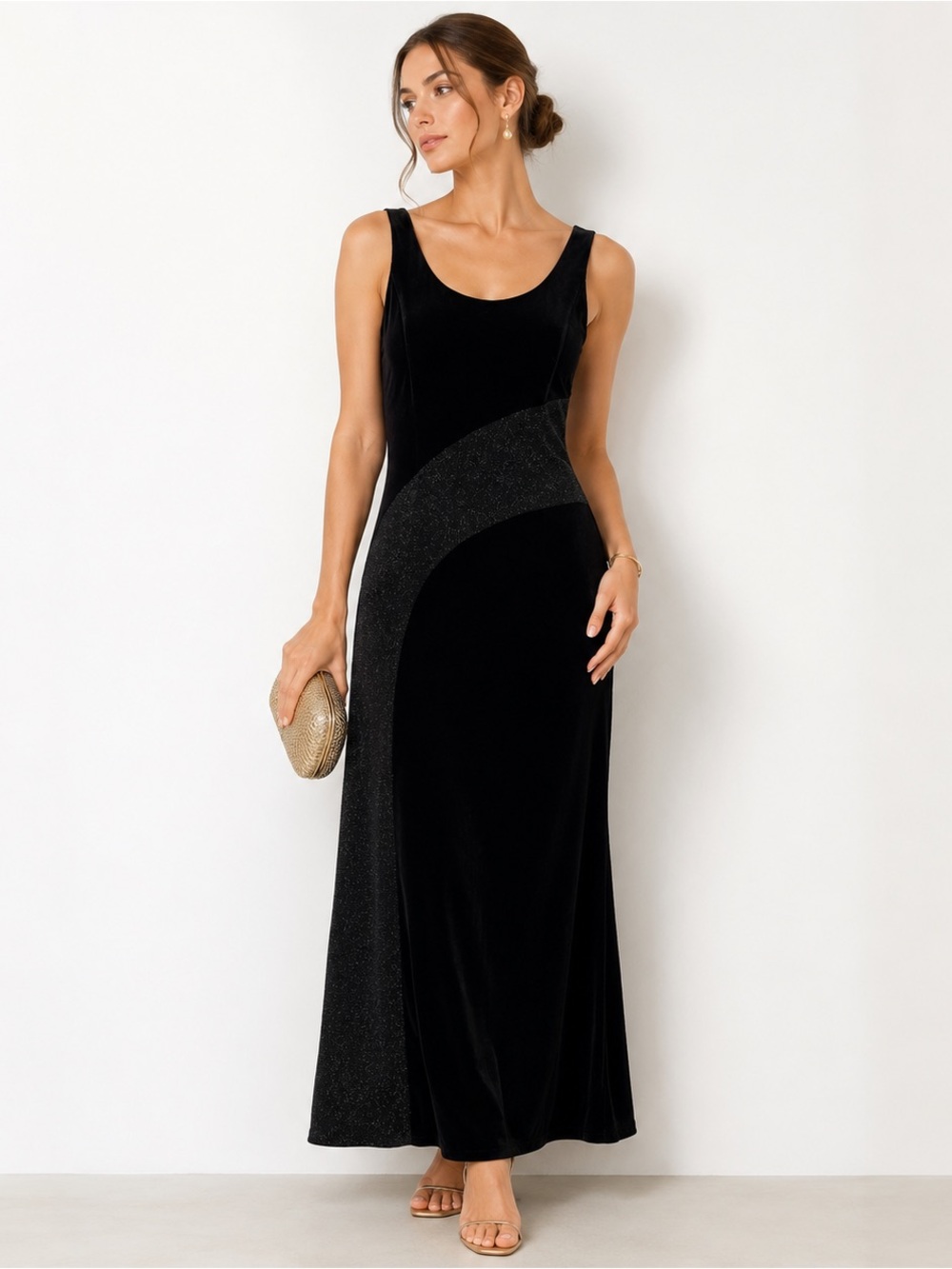 Betsy & Adam Black Evening Gown Dress Sleeveless Formal Maxi Sz14 Glitter Detail